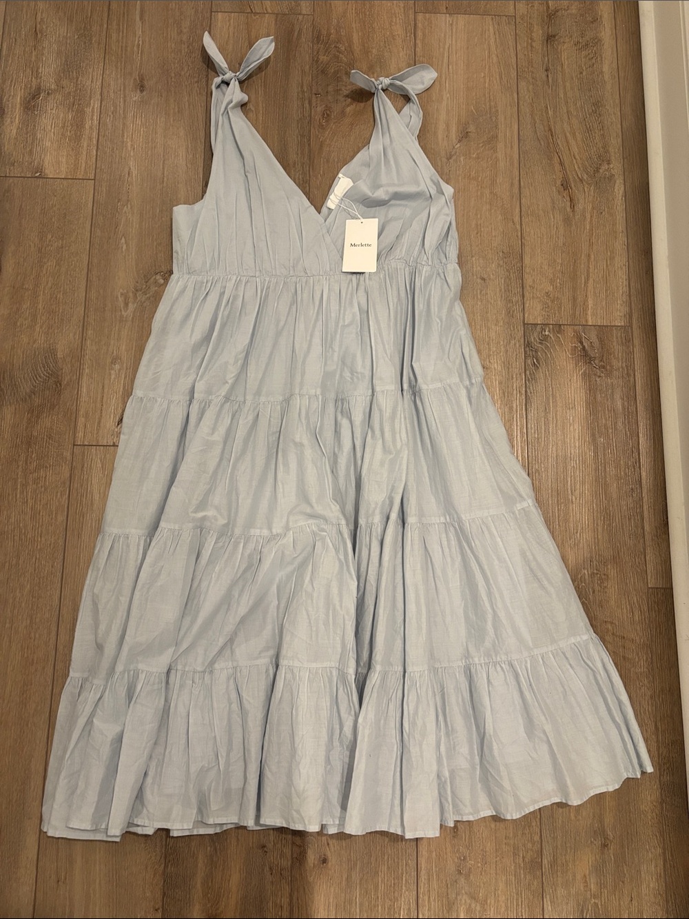 Merlette Light Blue Tie-Shoulder Tiered Dress